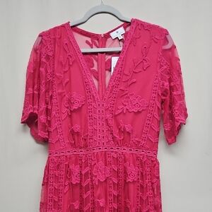 Socialite Fuchsia Pink Lace Maxi Romper Dress - Size Large